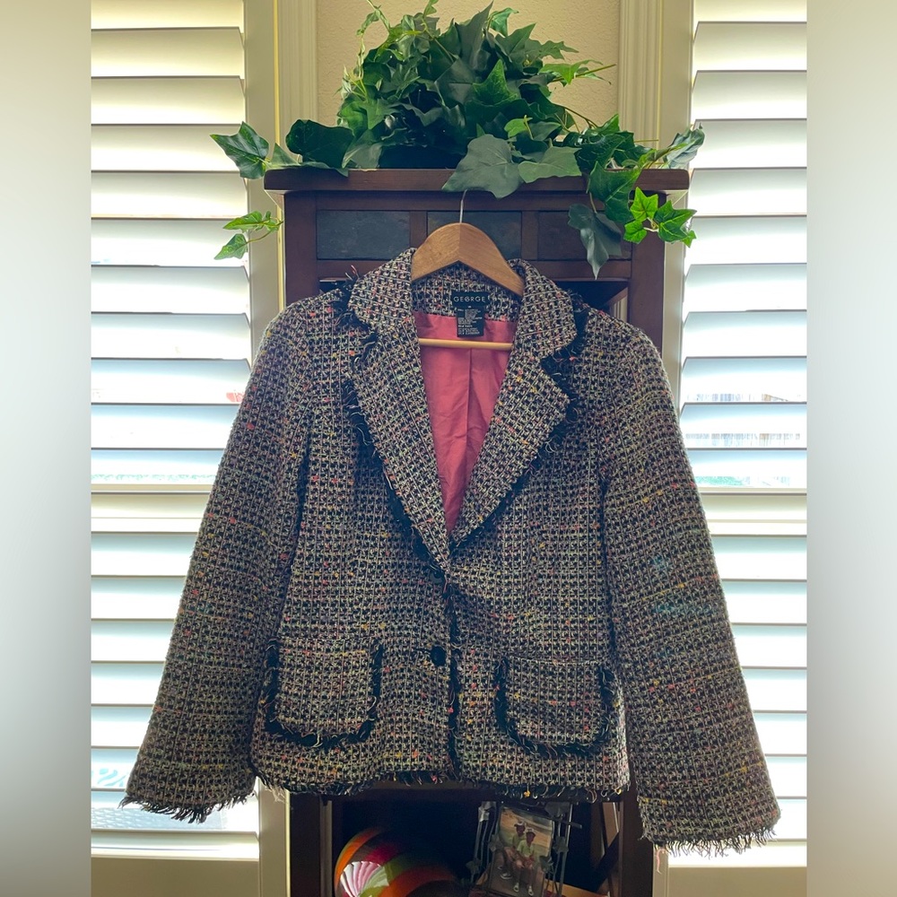 Women's Multicolor Tweed Frayed Jacket SZ:14 by GEORGE Fully Lined 3/4 sleeves